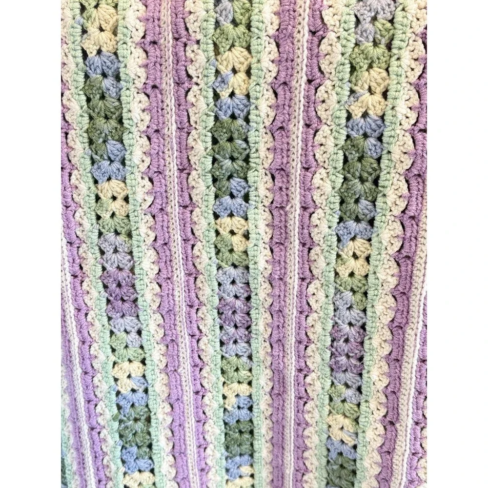 Crocheted Afghan Purple Green Blue & Cream Mile A Minute Pat Handmade Grannycore